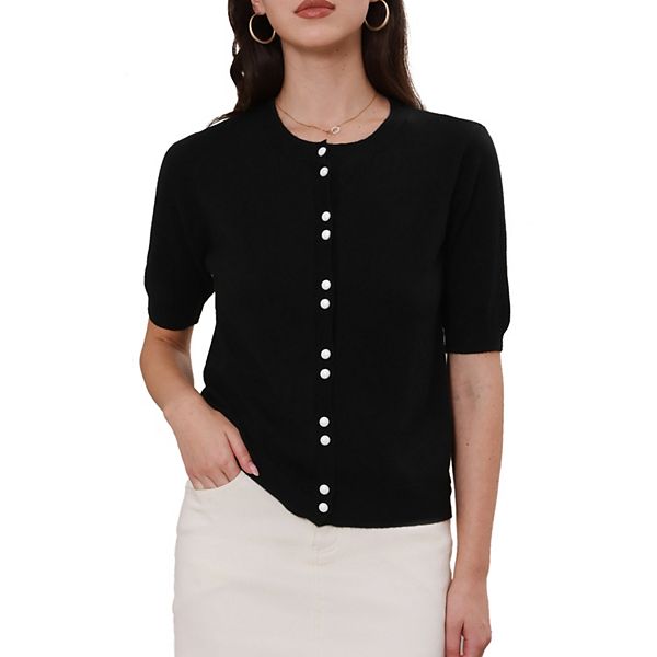 

Женский кардиган на пуговицах с коротким рукавом и круглым вырезом Inspire Chic, Black