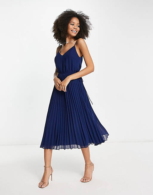 

Темно-синее плиссированное платье миди на бретельках с кулиской на талии ASOS DESIGN, Синий, Темно-синее плиссированное платье миди на бретельках с кулиской на талии ASOS DESIGN