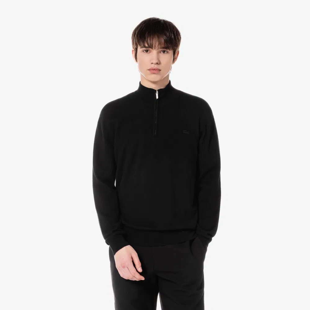 Мужской базовый пуловер на молнии из шерсти чёрный от Lacoste