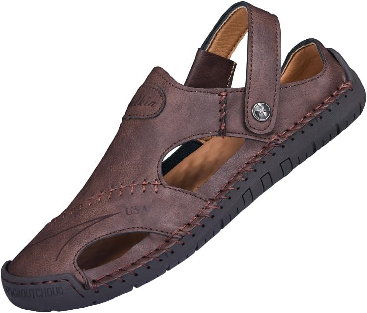 

Мужские кожаные сандалии-рыбаки с закрытым носком, спортивные сандалии с вырезами, слипоны, римские повседневные летние пляжные шлепанцы Salkin, темно-коричневый