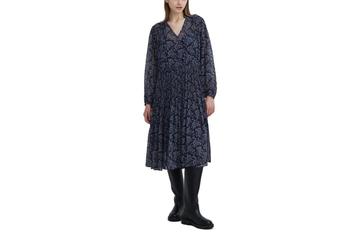 

X Clare Waight Keller Co-branded Collection Платье с длинными рукавами для женщин, темно-синее Uniqlo