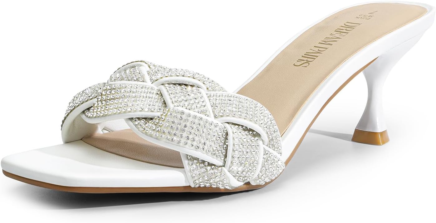 

Туфли на каблуке DREAM PAIRS для женщин, с открытым носком, низким каблуком-китен, украшенные стразами, сексуальные туфли-стилеты, босоножки на каблуке для вечеринок, выпускного, танцев и вечерних платьев, белый