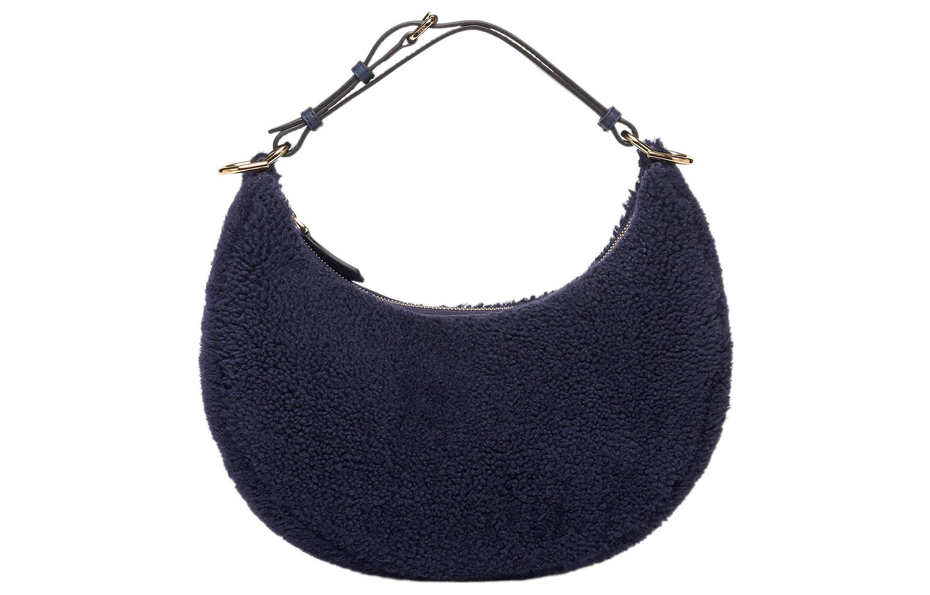 

FENDI Темно-синяя женская сумка-полумесяц из овчины с кожаной отделкой через плечо