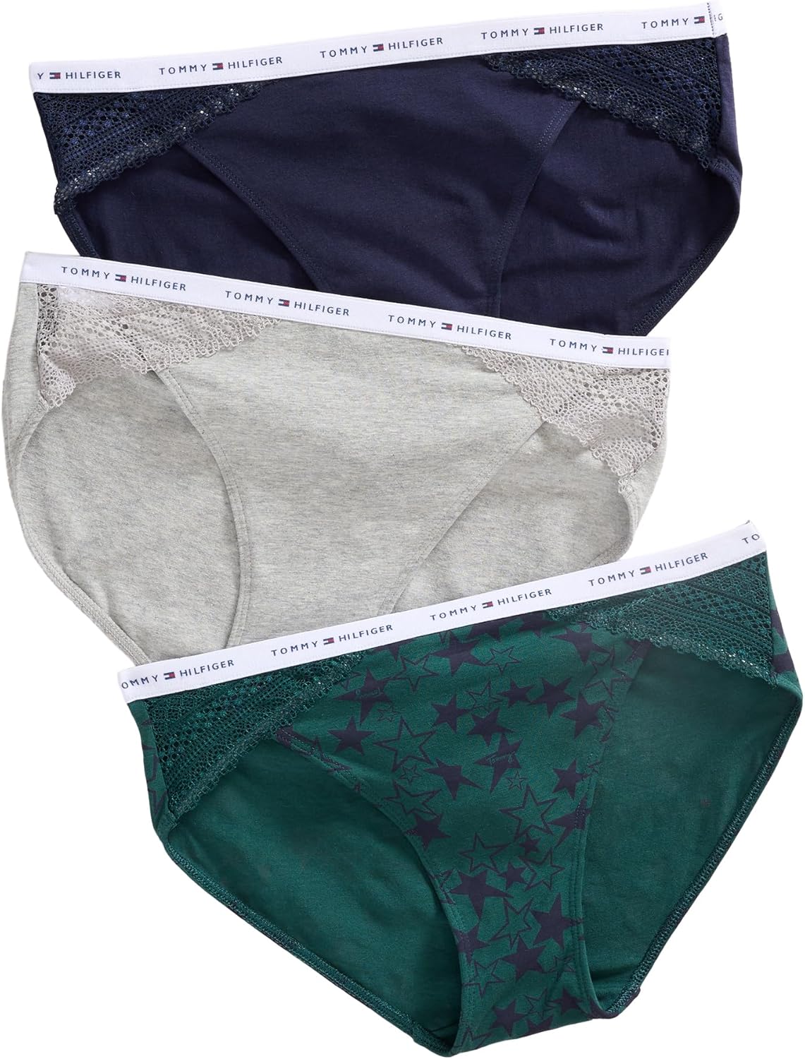 

Женское хлопковое бикини-белье Tommy Hilfiger с кружевной вставкой, 3 пары, Starstruck June Bug/Heather Grey/Sky Captain