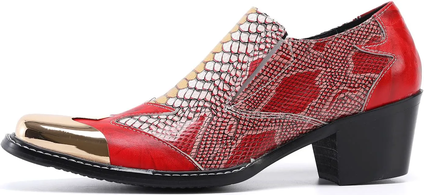 Santimon Mens Locasters Повседневное платье Мокасины без шнуровки Золотая цепочка металл с квадратным носком Кожа на каблуке Пенни Лоферы Свадебная вечеринка Дискотека Western Cowboy Бальные туфли для выпускного вечера, красно-белый — фото 3