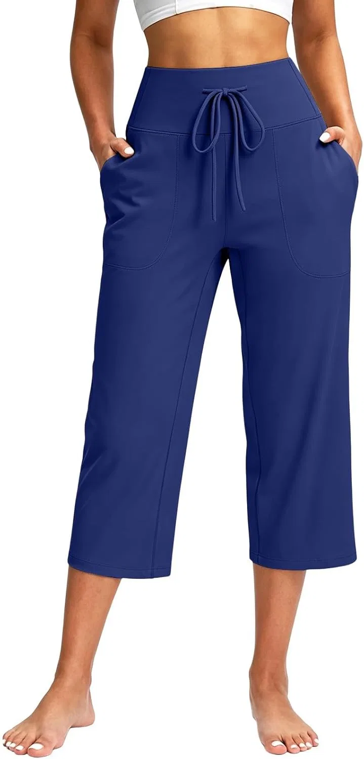 Капри для йоги женские, широкие брюки с карманами, Dark Blue
