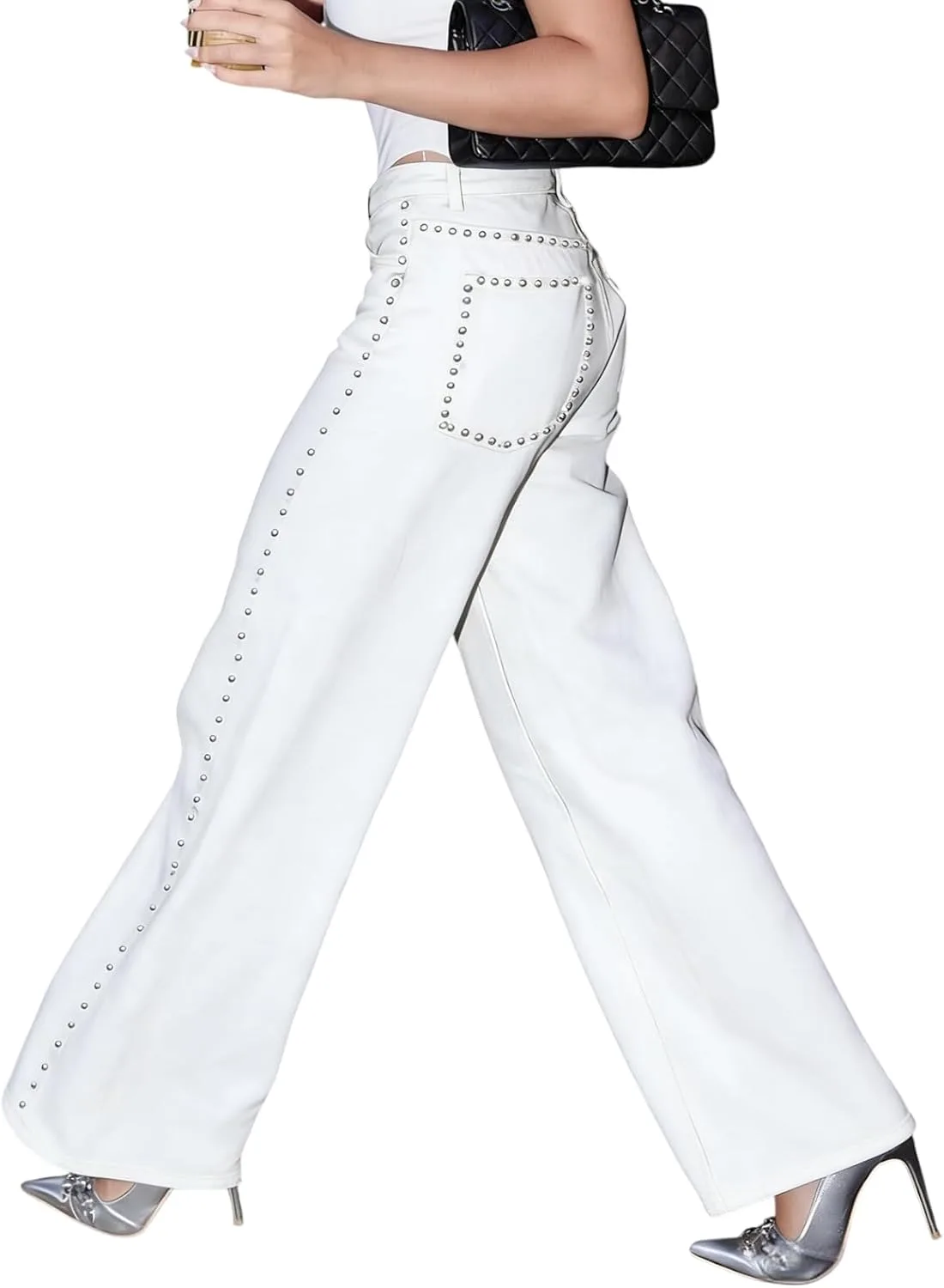 

Женские джинсы с заклепками и стразами — прямые, завышенные, в стиле boyfriend WGXWGX