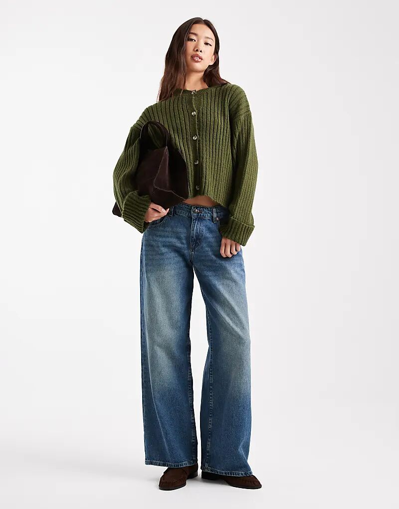 

Вязаный кардиган ASOS DESIGN цвета хаки с отворотами на манжетах