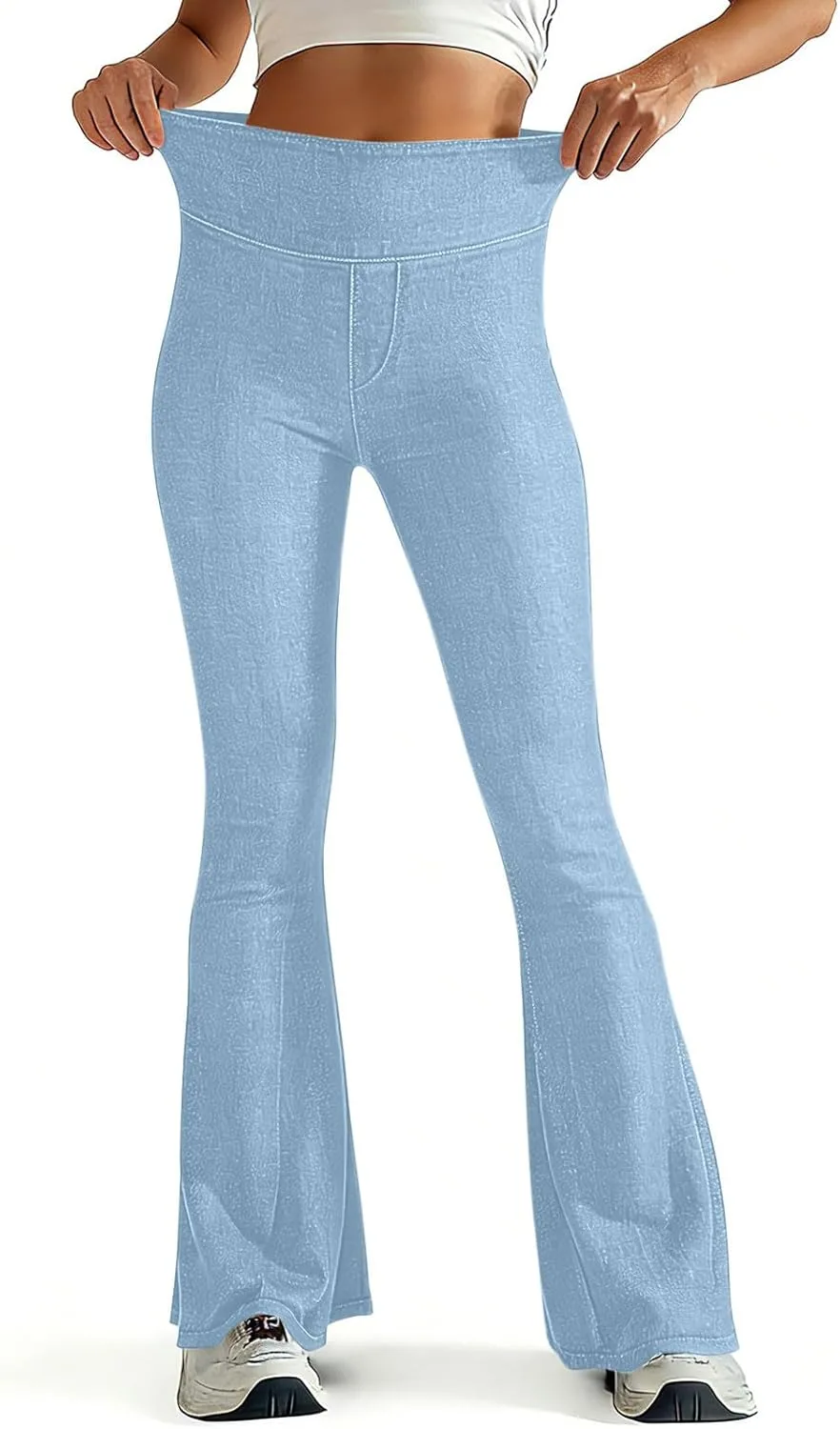 

Женские брюки флэре из искусственного денима с высокой талией и карманами