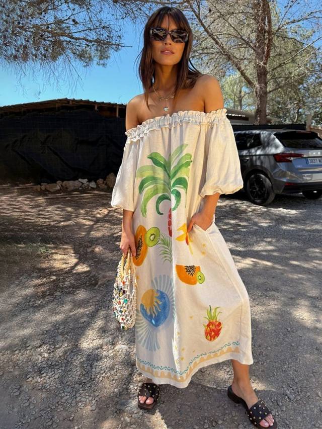 

Льняное платье с тропическим принтом и открытыми плечами Never Fully Dressed, Multi