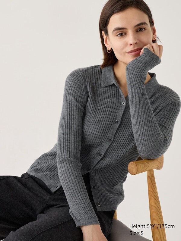 

Кардиган поло в рубчик из мериноса Uniqlo, серый