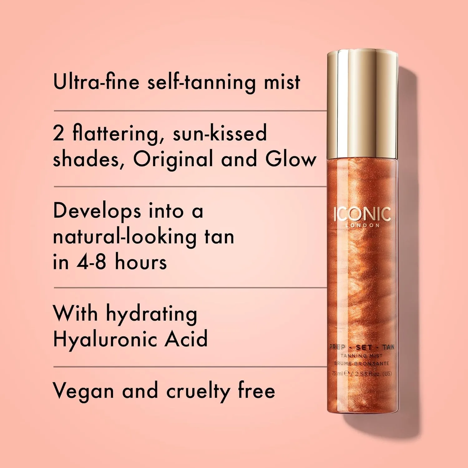 ICONIC LONDON Prep-Set-Tan Glow | Мерцающий спрей для лица с гиалуроновой кислотой, не тестируется на животных, веганский продукт, 75 мл — фото 2