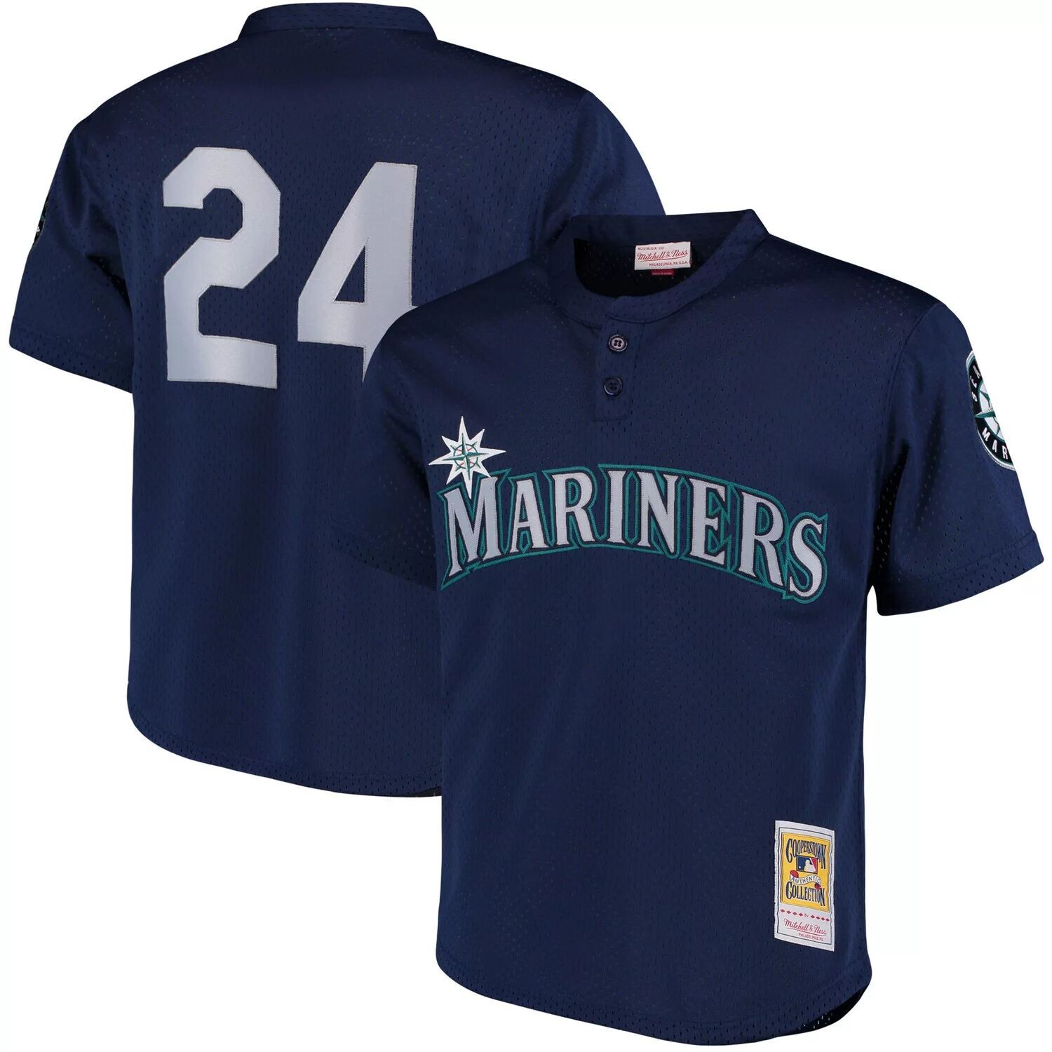 

Мужская футболка Mitchell & Ness Ken Griffey Jr. Navy Seattle Mariners Cooperstown Collection с сетчатым ватиновым тренировочным трикотажем