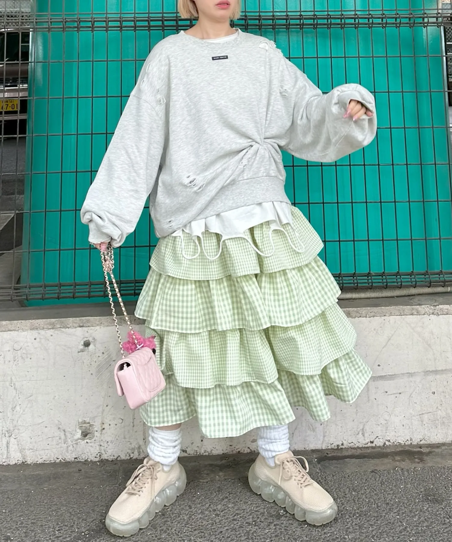 Женская юбка с клеткой и резинкой Alley Tokyo Tear Gingham зеленый — фото 3
