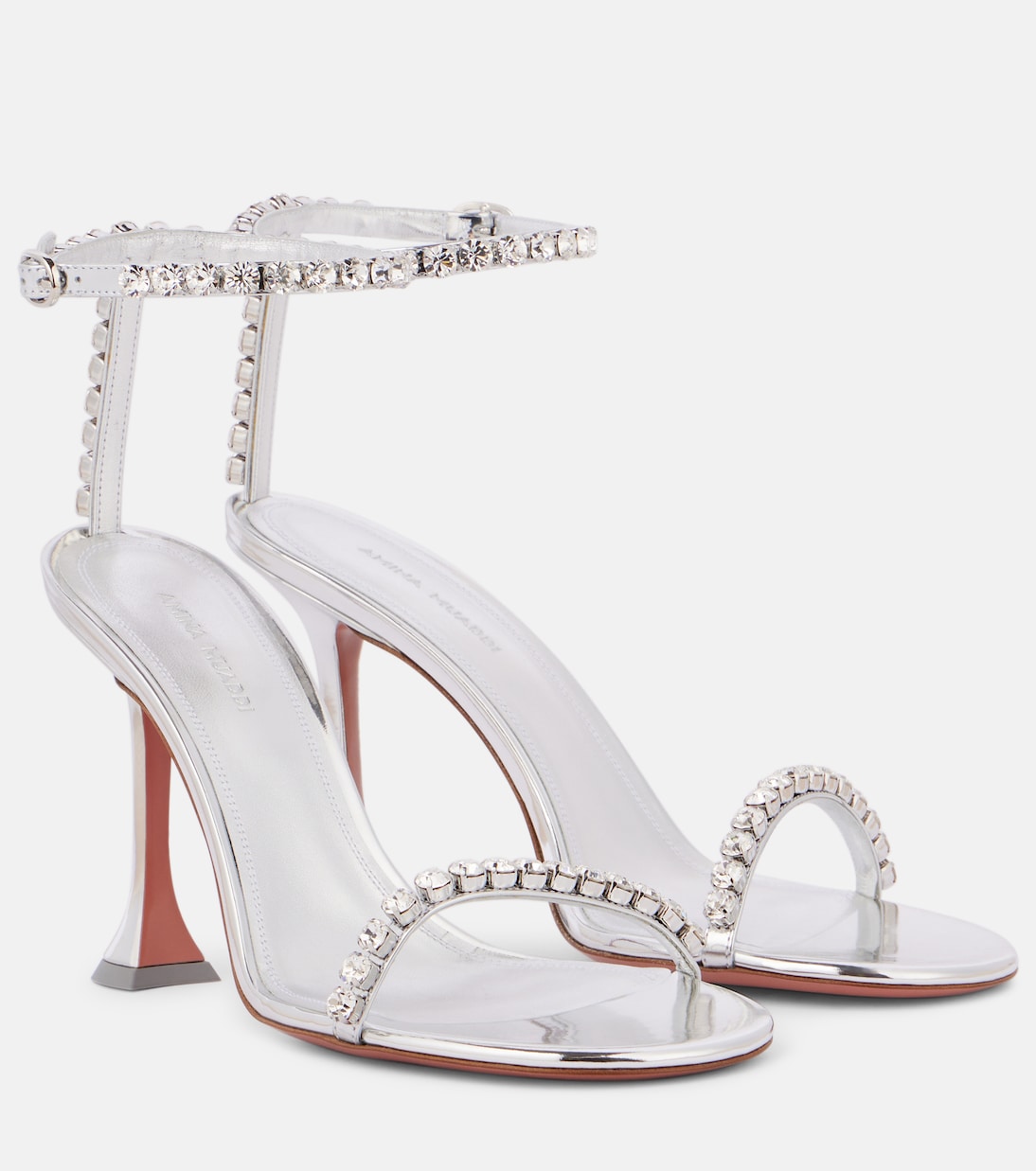 Женские кожаные сандалии Gigi 95 с декоративными элементами Amina Muaddi, Silver + White Crystal