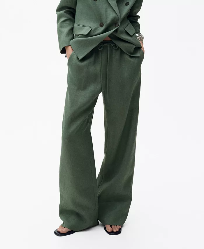 

Женские прямые брюки из льняной смесовой ткани Pants MANGO, зеленый