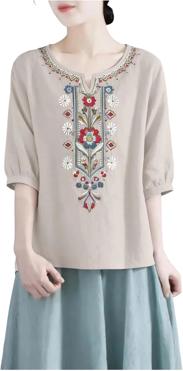 Блуза свободного кроя, хлопок и лен, Button-Down Shirts, хаки — фото 4