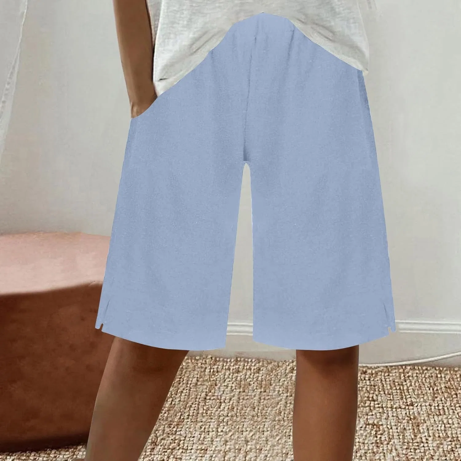 Шорты бермуды женские из льна, Light Blue — фото 2