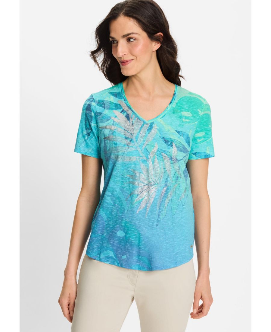 

Женская футболка Panneaux с принтом в виде листьев Olsen, Aruba blue, Синий, Женская футболка Panneaux с принтом в виде листьев Olsen, Aruba blue