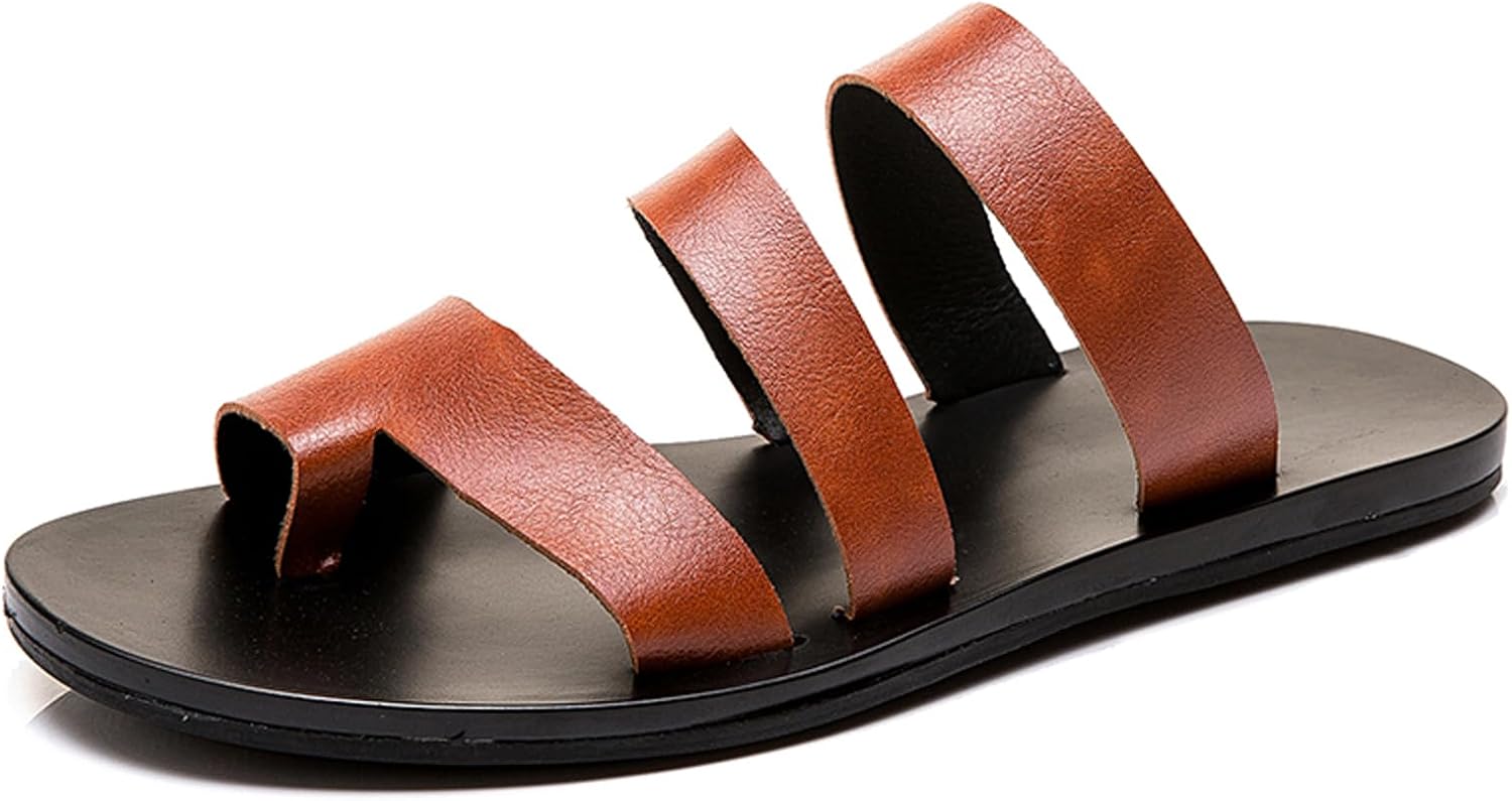 

Мужские кожаные сандалии с открытым носком и ремешками AMAZIDEAL, модные сандалии на плоской подошве, дышащие повседневные пляжные шлепанцы, коричневый