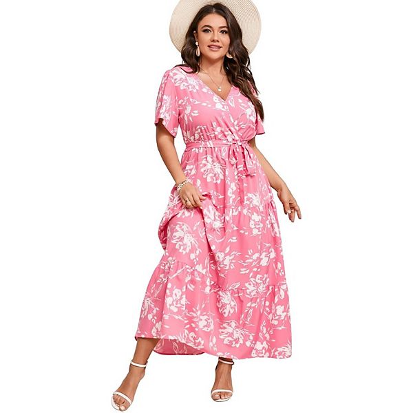 

Женское платье макси с запахом и V-образным вырезом, короткими рукавами и поясом Seoria, Pink Floral