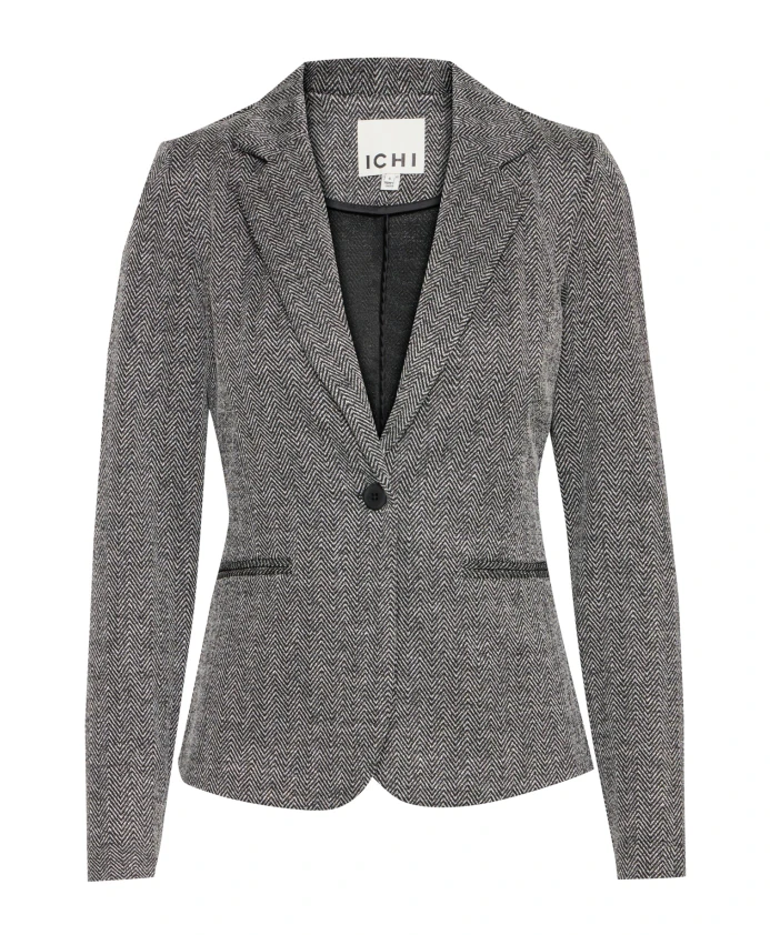 

Элегантный жаккардовый блейзер в черно-белую елочку. Ichi, серый