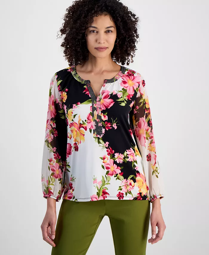 

Топ с рукавами из шифона и декоративной вязкой JM Collection, мультиколор