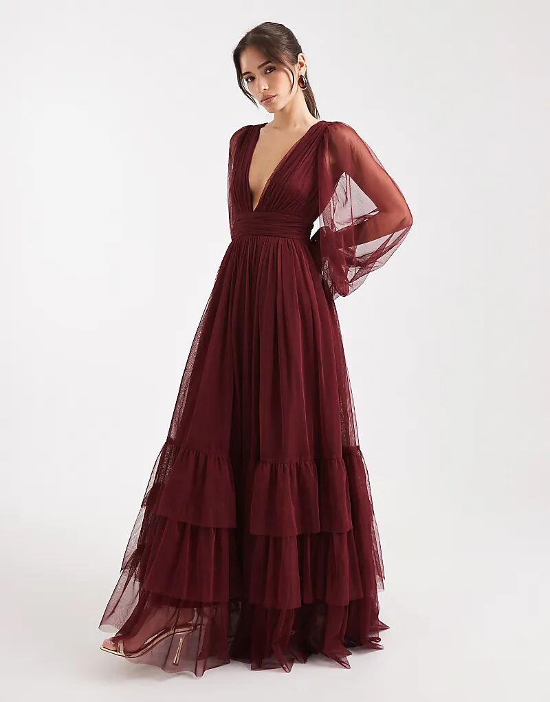 

Платье макси с длинными рукавами от подружки невесты Мэдисон из кружева и бисера бордового цвета