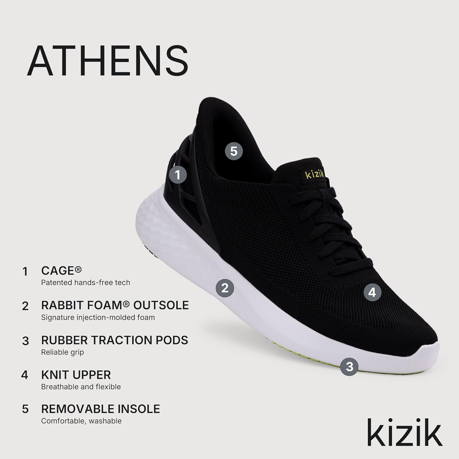 Кроссовки Kizik Slip On: Athens- удобные для носки весь день, без ручного застегивания, дышащий верх из трикотажа, мужские и женские прогулочные туфли с поддержкой свода стопы, черный — фото 3