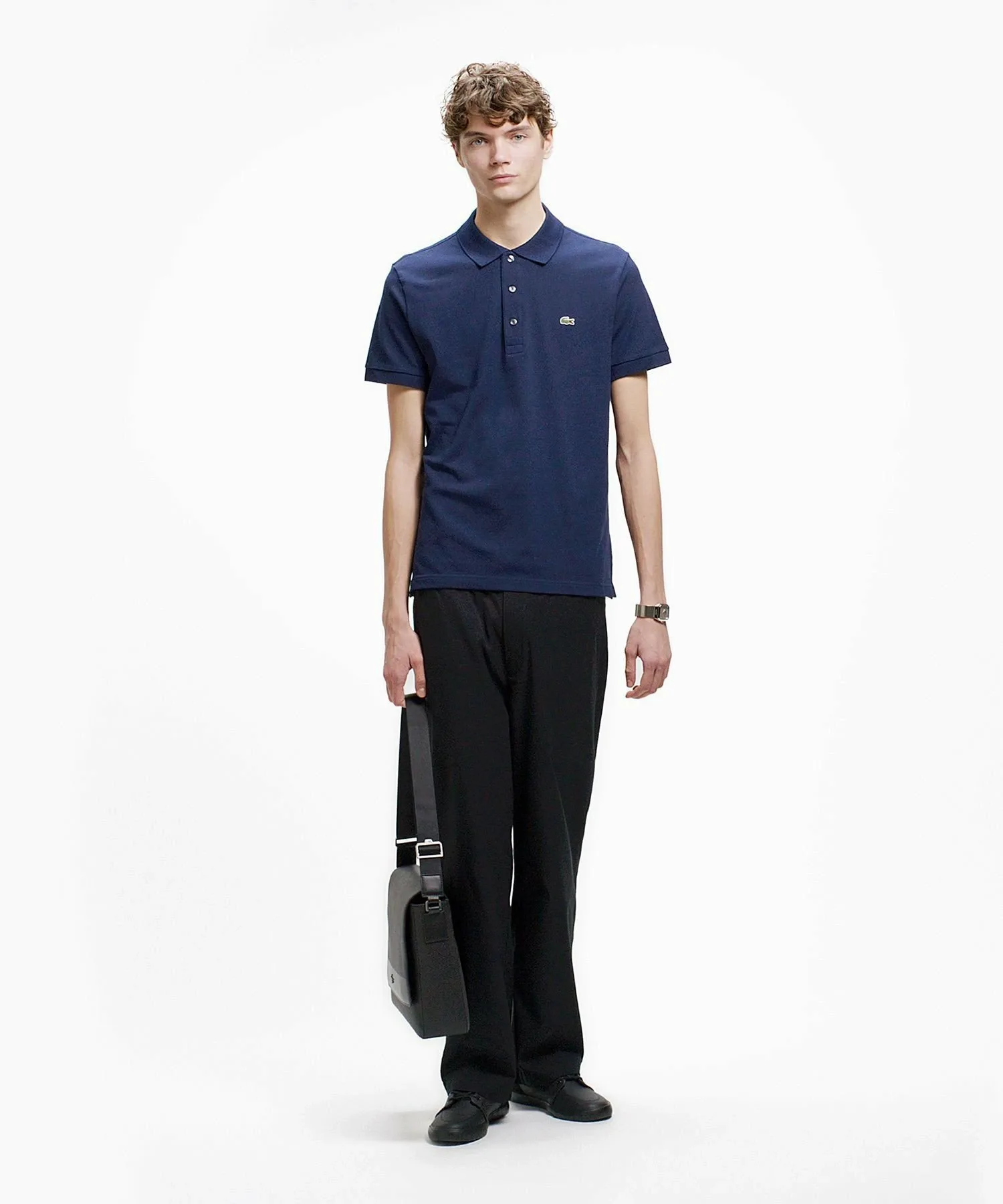 Однотонная облегающая эластичная рубашка-поло (с коротким рукавом) LACOSTE, Navy — фото 4