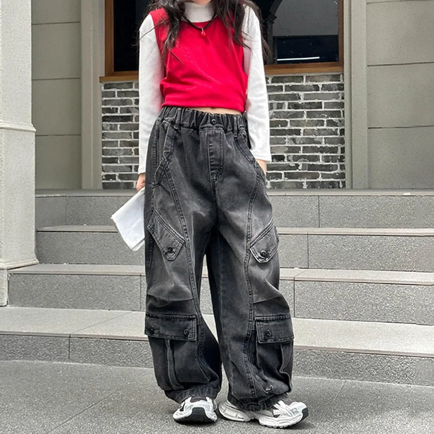 Джинсы для девочек свободные, Wide Leg, Black — фото 2