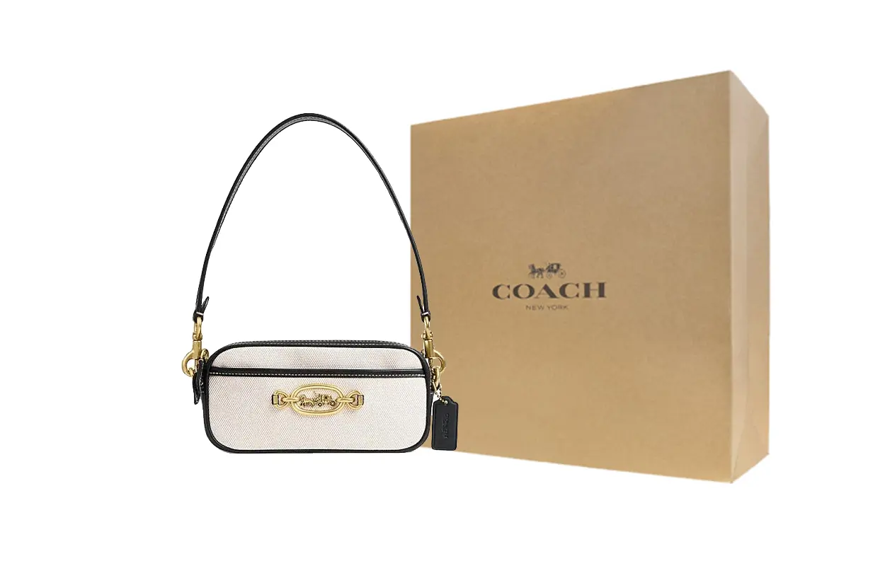 

COACH Сумка из ткани и натуральной кожи Женская маленькая наплечная Соляной камень и черный