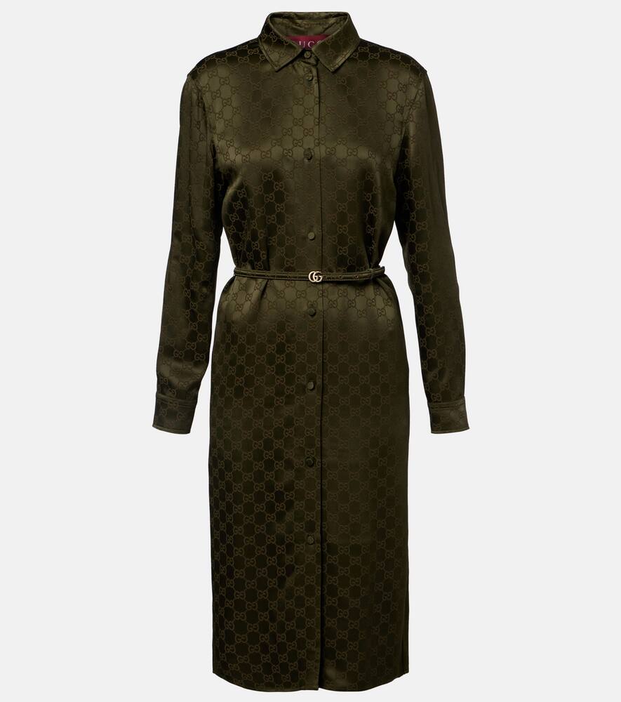 GG поясное платье-рубашка из сатинового жаккарда Gucci, Greysh Army Green
