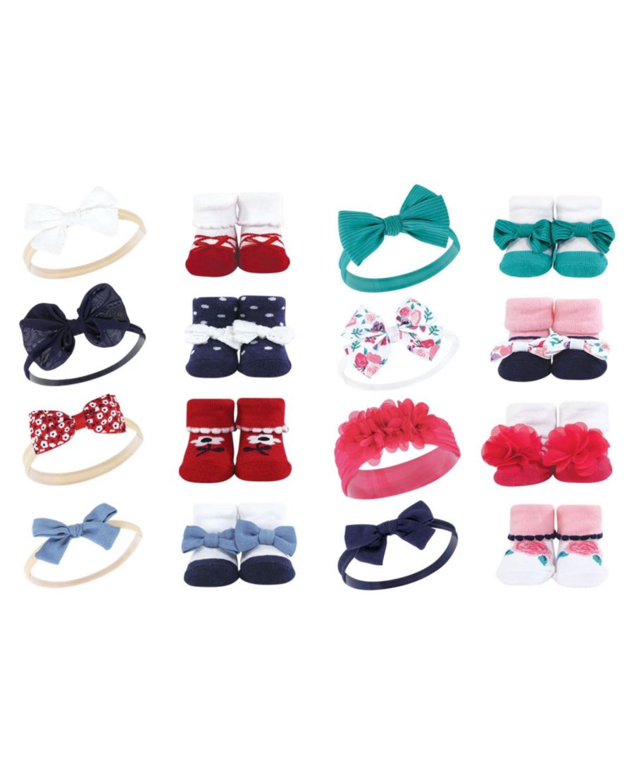 

Набор из 16 предметов: повязка на голову и носки, нежно-розовый цветочный узор Hudson Baby, Red navy flower bright pink floral