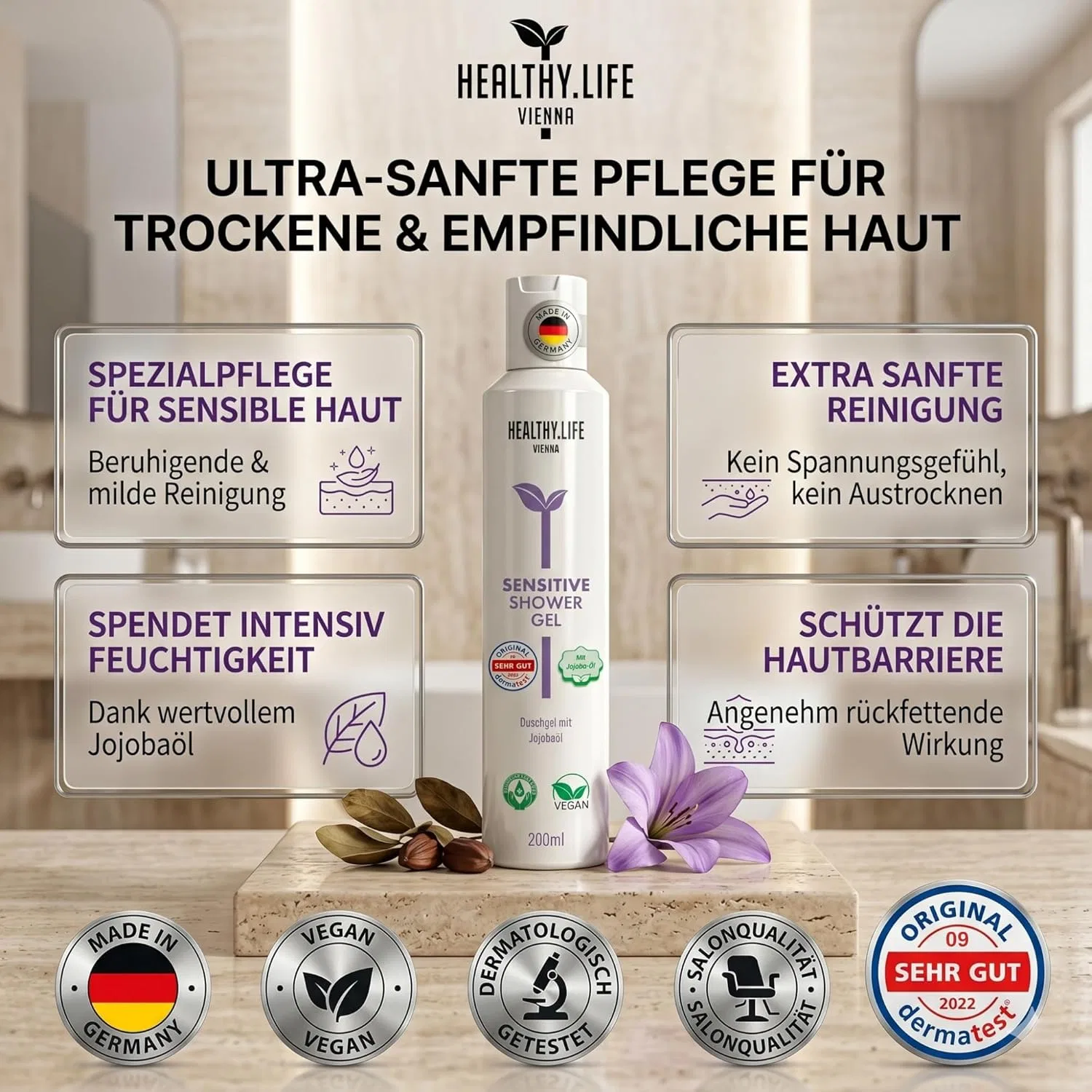 Мягкий веганский гель для душа HLV Sensitive с маслом жожоба, 200 мл Healthy.Life Vienna — фото 4