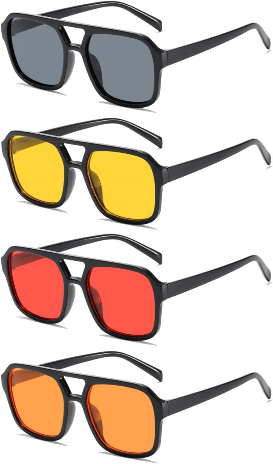 

IKANOO 4 штуки винтажных ретро-солнцезащитных очков-авиаторов в стиле 70-х, квадратные, для женщин и мужчин, классические прямоугольные солнцезащитные очки, модные оттенки, Black+yellow+red+orange