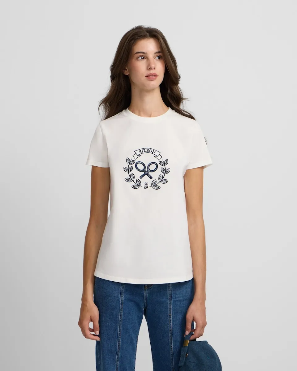 

Женская футболка с клетчатым узором и ракеткой, натурального цвета Silbon