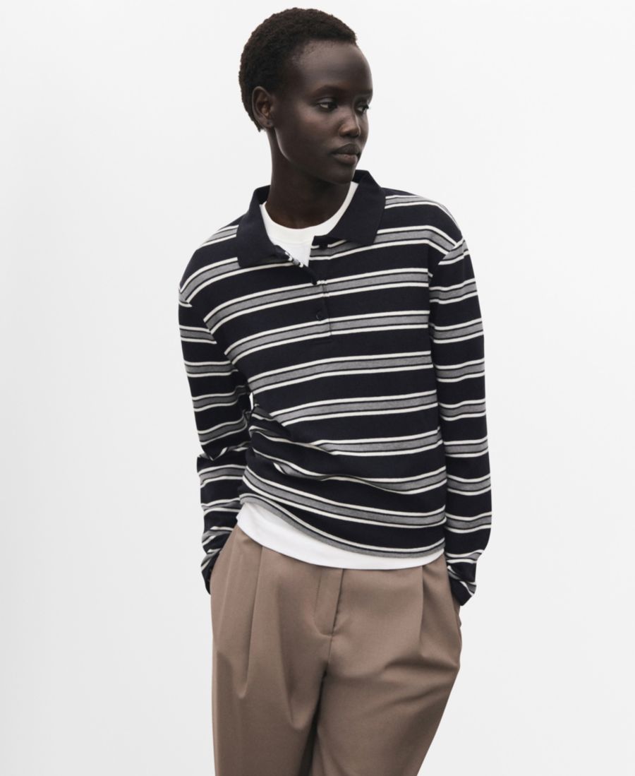 

Женская полосатая футболка-поло с высоким воротником MANGO, Navy