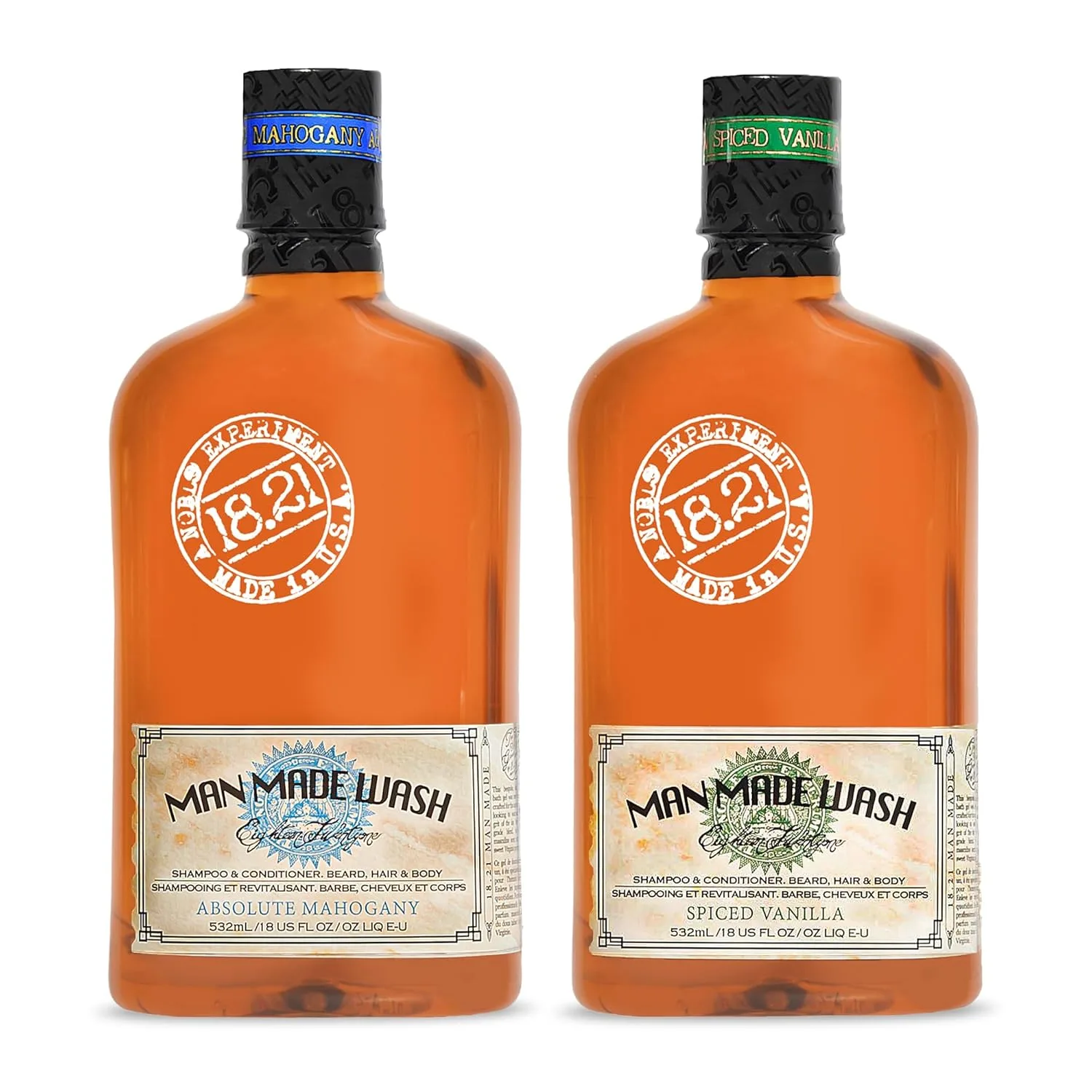 18.21 Man Made Absolute Mahogany Wash & Spiced Vanilla 3-в-1, набор из 2 штук по 18 унций (510 г), для всех типов волос и кожи мужчин, укрепляет и увлажняет с мужественным ароматом