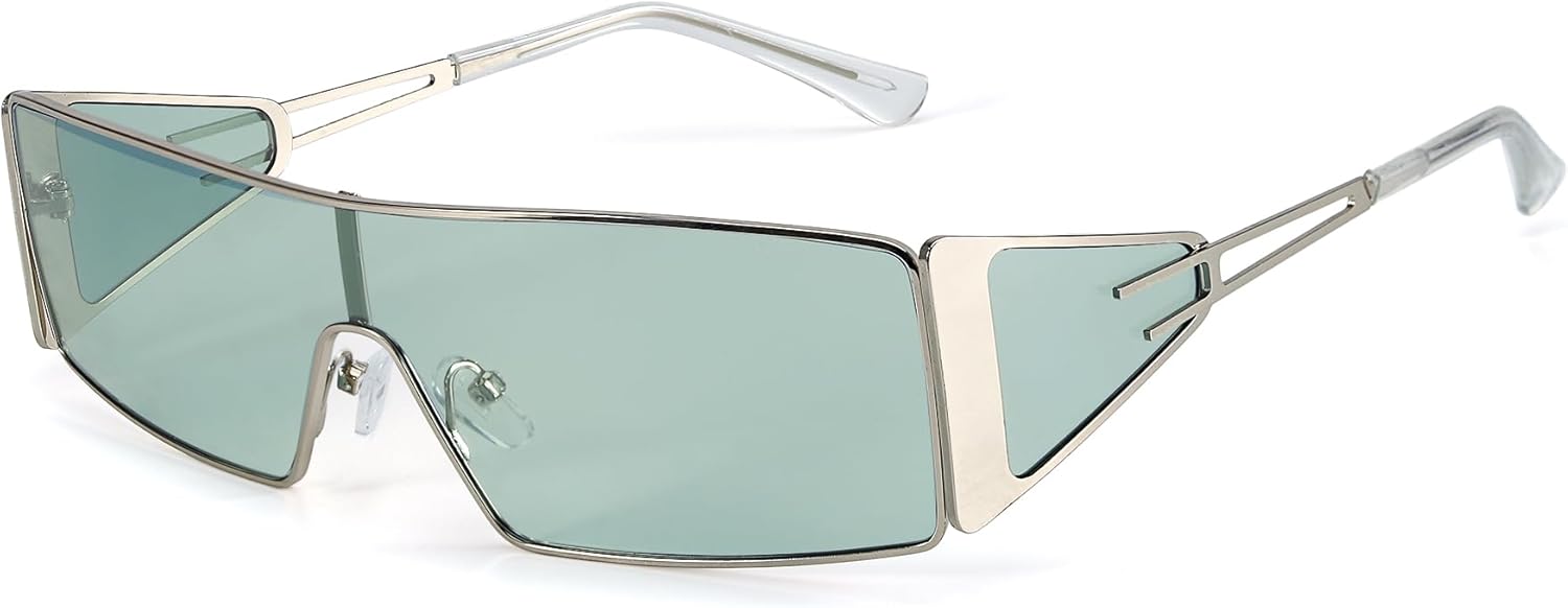 

Женские солнцезащитные очки FancyPink Y2K — ретро-очки прямоугольной формы с обтекаемой оправой, в стиле 2000-х, неполяризованные, с металлическим каркасом, A1 Sliver/Green