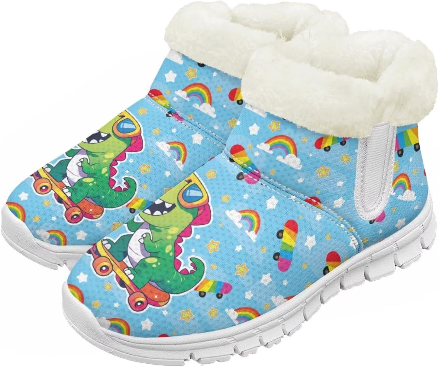 

Детские зимние сапоги для девочек, водонепроницаемые, противоскользящие, для холодной погоды, с искусственным мехом, походные ботинки Goronwyfloyd, Rainbow Dinosaur