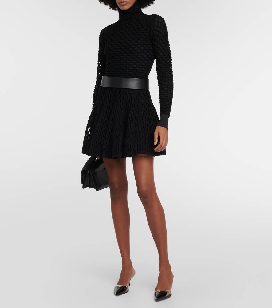 Мини-юбка ажурной вязки из смесовой шерсти с высокой посадкой ALAÏA, черный — фото 2