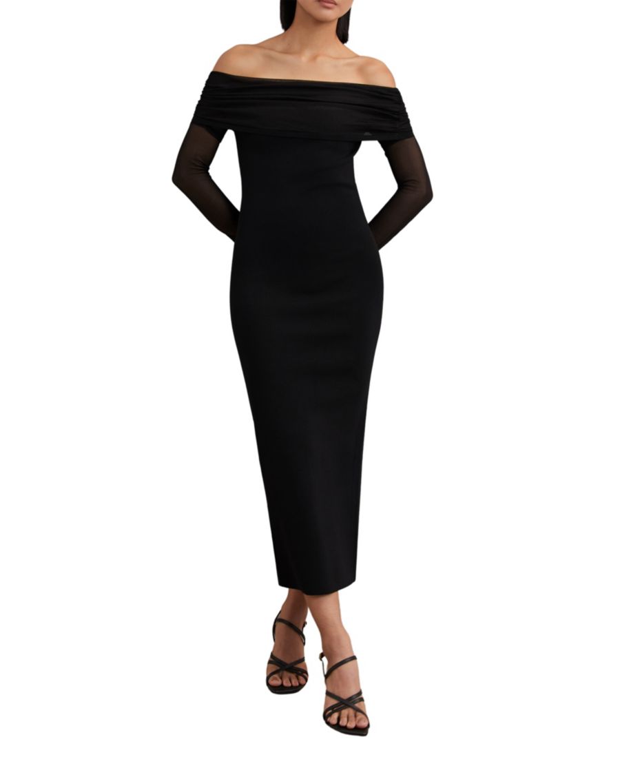 

Женское трикотажное платье миди с прозрачными рукавами REISS, Black