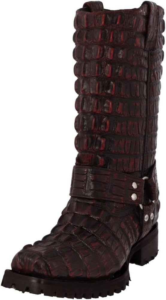 

Мужские байкерские ботинки Cowboy Professional из черной вишневой кожи с принтом крокодилового хвоста и квадратным носком