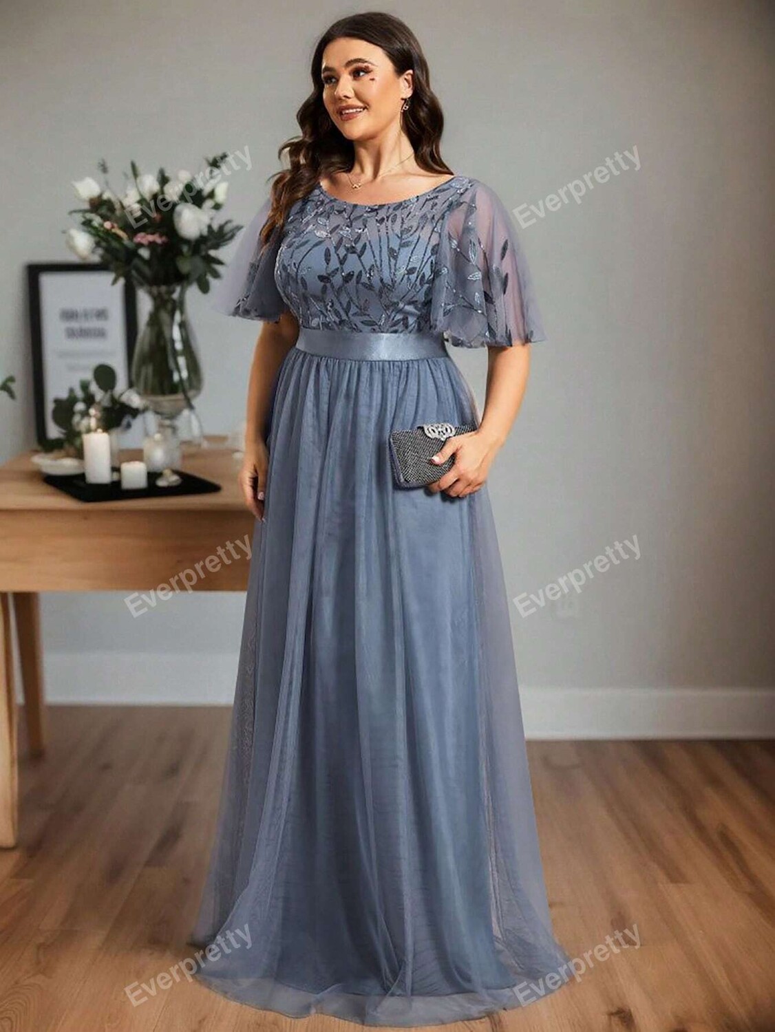 

Выпускное платье Plus, листья, пайетки, лиф из сетки Ever-Pretty, пастельно-синий