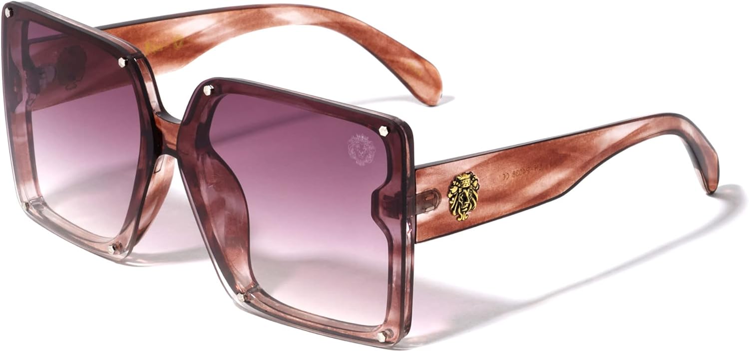 

Kleo Royal - Безободковые солнцезащитные очки с плоскими линзами, заклепками, квадратными боковыми элементами, медальоном в виде головы льва и подвеской в ​​стиле хип-хоп, Pink Demi