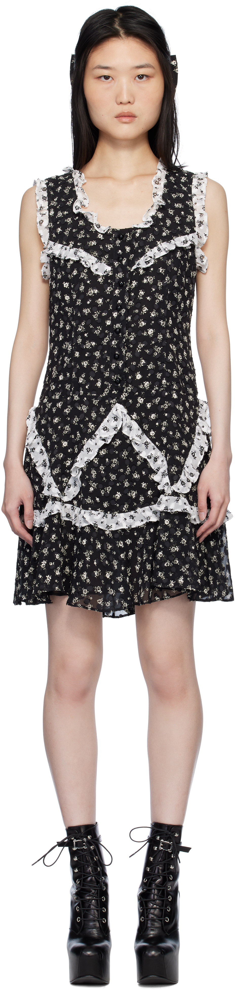 

Черное шифоновое мини-платье с мелким горошком и оборками Anna Sui