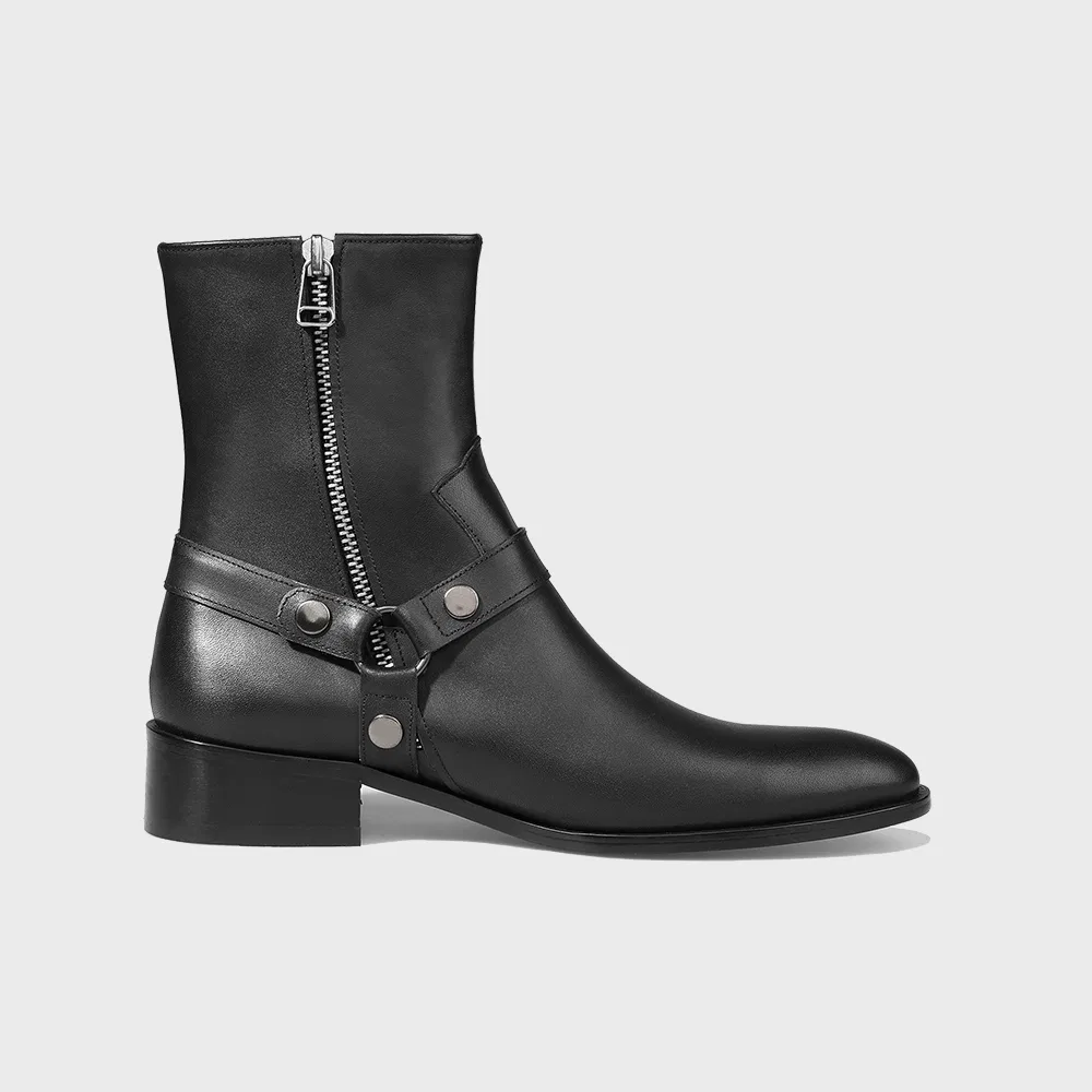 Мужские кожаные ботинки на молнии Slim Toe Velcro Line, блестящие чёрные, от Firenze.A — фото 3