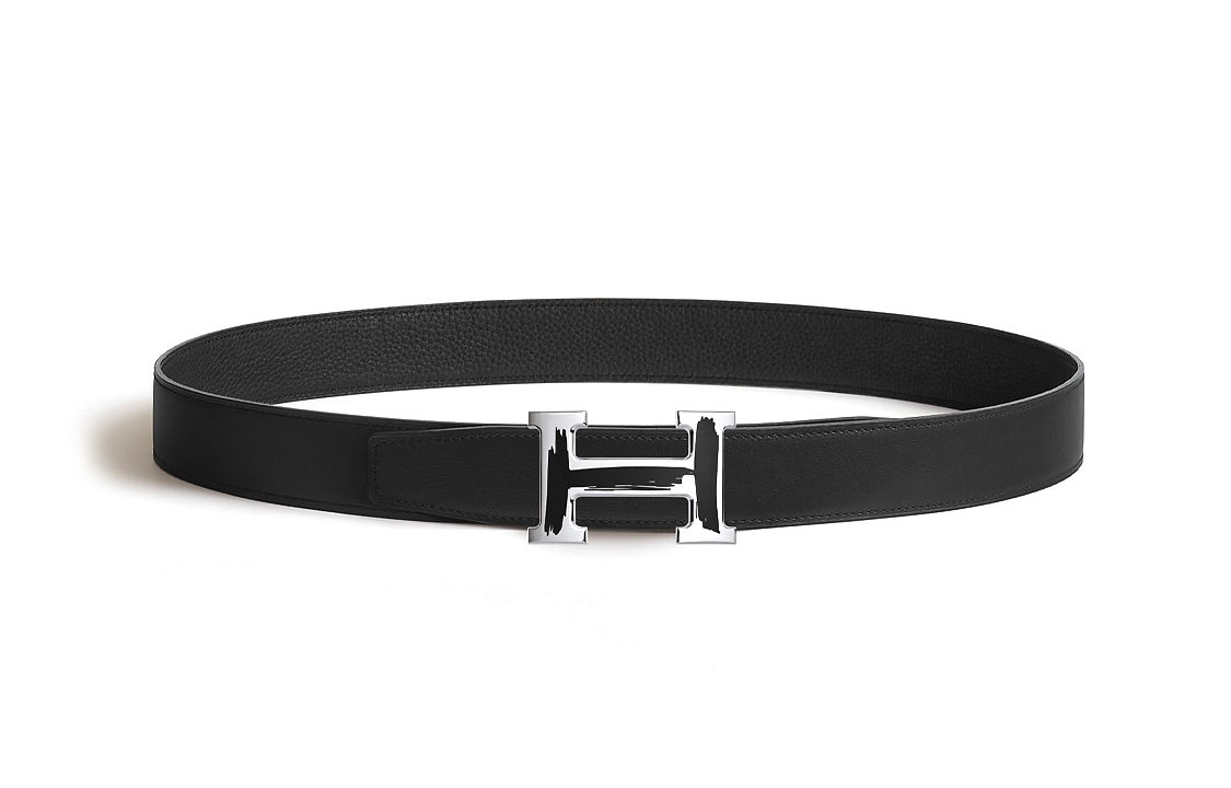 

HERMES Мужской черный кожаный ремень из телячьей кожи с палладированным металлическим декором шириной 3,2 см, Black