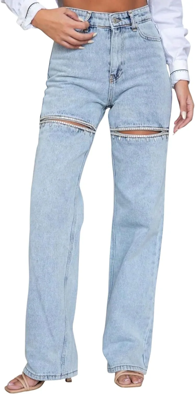 

Джинсы женские High Waisted с прямыми штанинами и стразами EXPJEAS